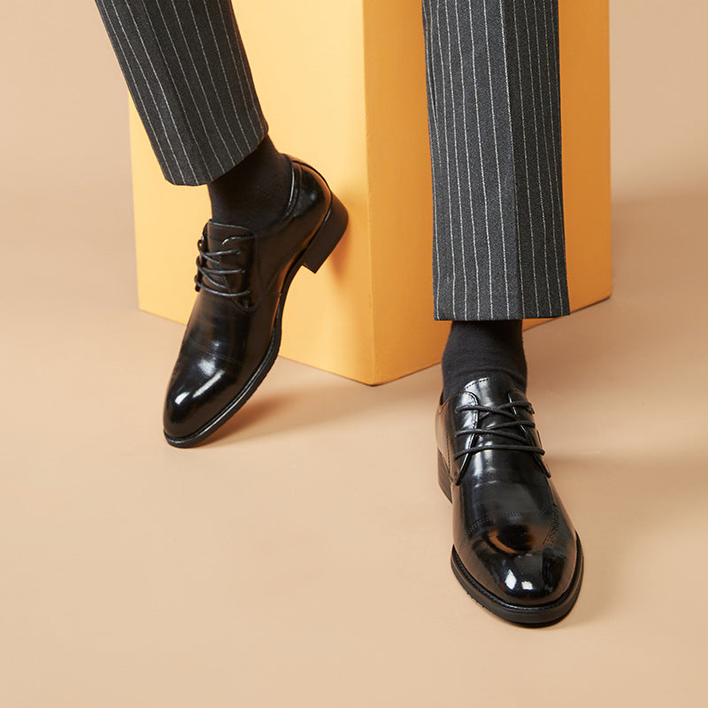 Men's Layer Cowhide Black Pointed Toe Business Leather Shoes