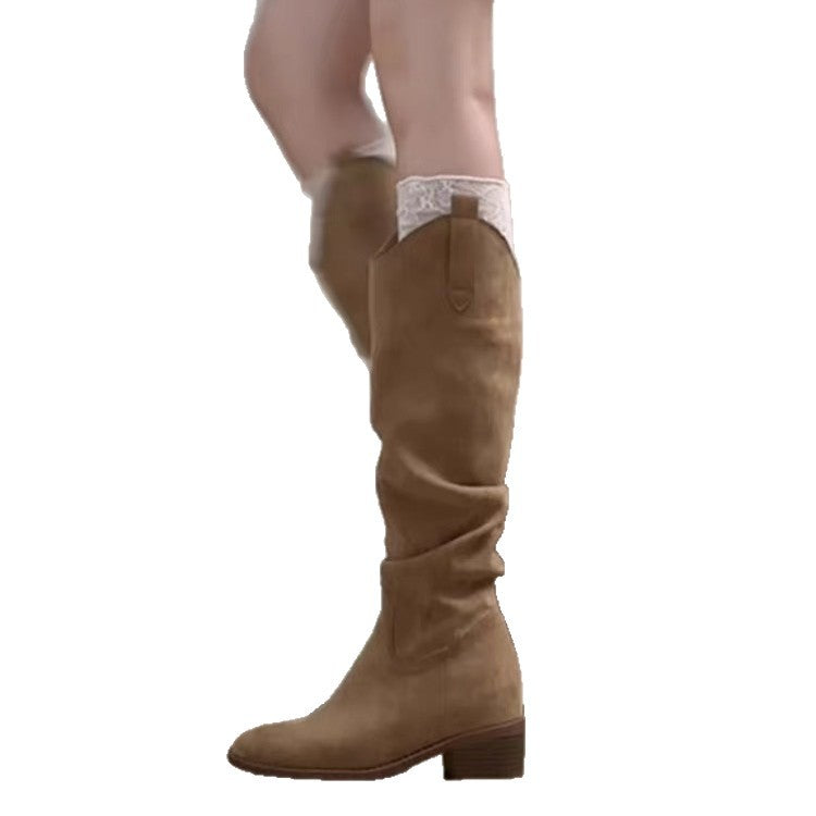 Women's Version Small Height Increasing Insole Pleated Pile Style Knight Western Women's Leather Boots