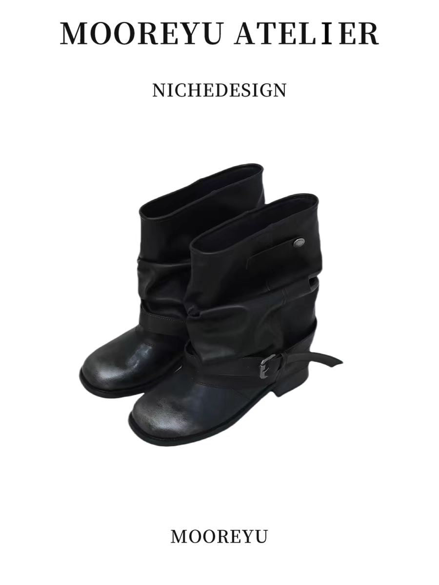 Women's Insole Round Head Belt Buckle Flanging Brushed Pleated Pile Style Women's Leather Boots