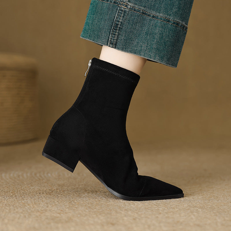 Women's Version Stretch Thin Slim Back Zipper Ankle Thick French Women's Leather Boots