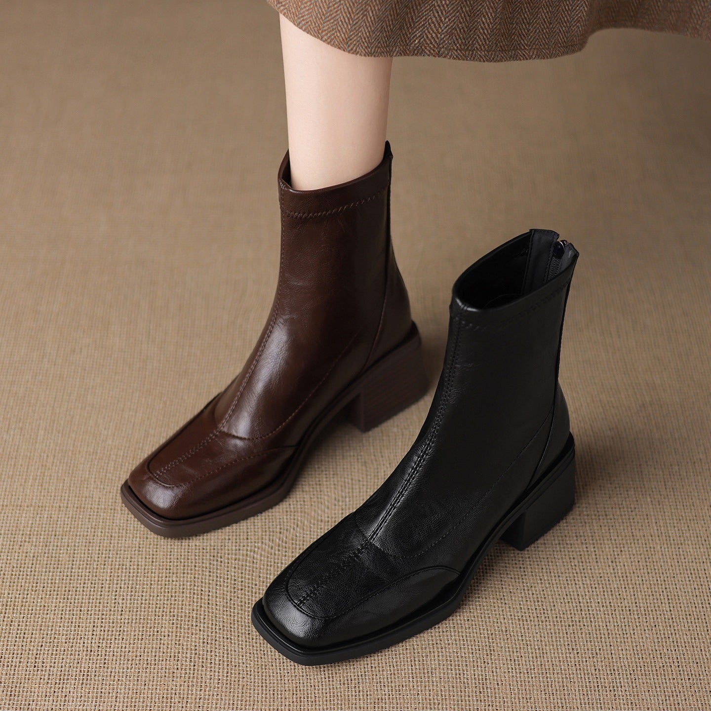 Women's Square Toe Fashion Chunky Short For Autumn Stretch Thin Mid Women's Leather Boots