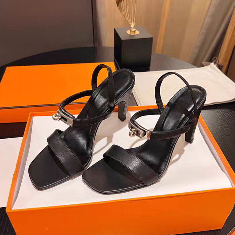 Women's Stiletto Square Toe Metal Button Buckle Satin High Heeled Sandals