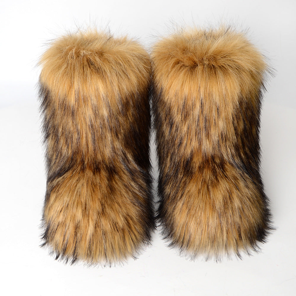Women's Winter Fur Integrated Imitation Raccoon Fluffy Snow Boots