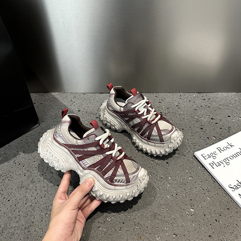 Women's Distressed Red Dad Spring Thick Sole Height Women's Sports Shoes
