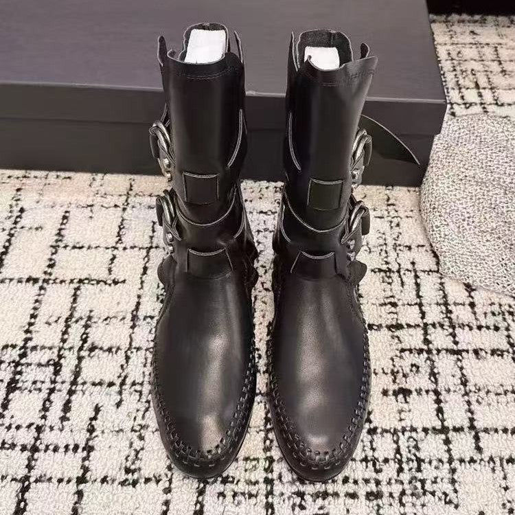 Style Square Head Female Metal Buckle Retro Flat Bottom Women's Leather Boots
