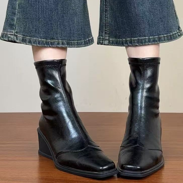 Women's Wedge Elegant Square Toe Skinny Winter High Stretch Women's Leather Boots