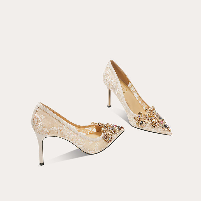 Women's Sheepskin Sexy High Red Bridal Wedding Elegant Colored Brick Pointed Women's Fashion Shoes