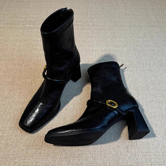 Women's Chunky Square Toe High-heeled Skinny French Retro Women's Leather Boots