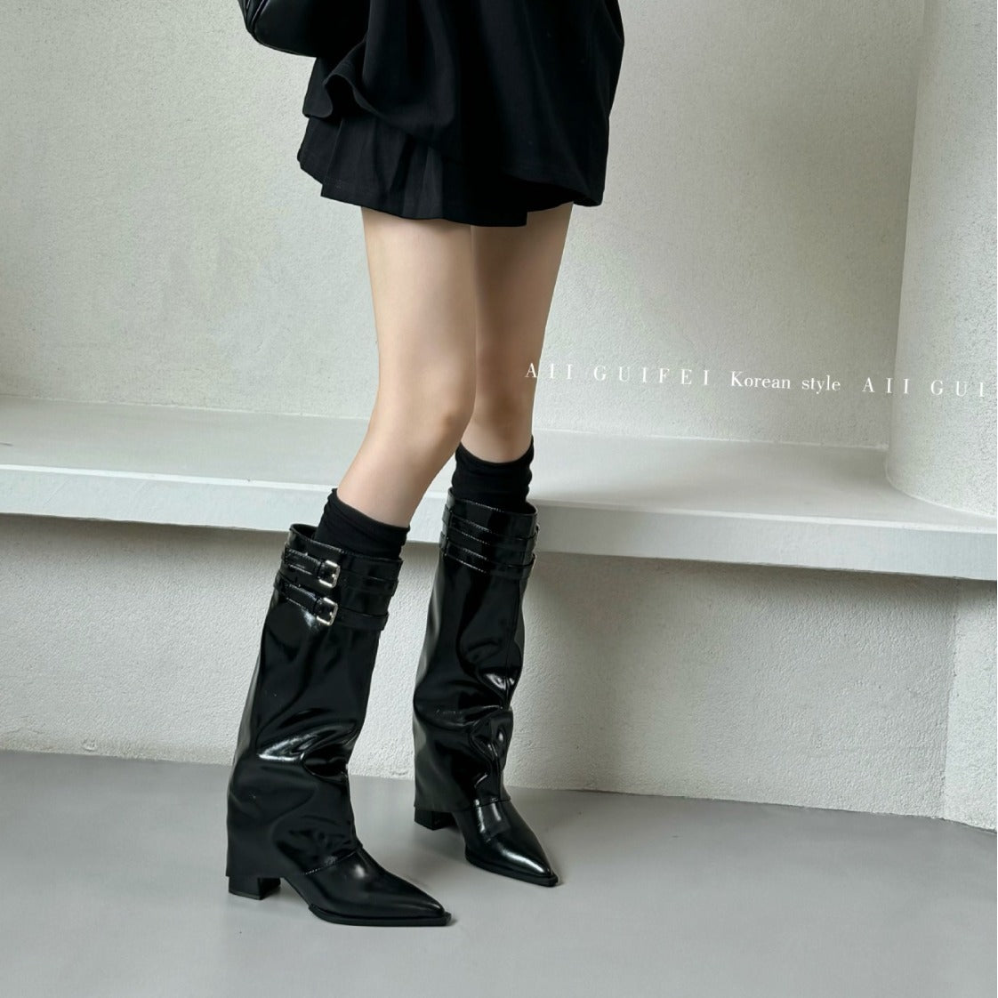 Style Fashionable Pantyhose Pointed Toe Thin Mid Below The Knee Boots