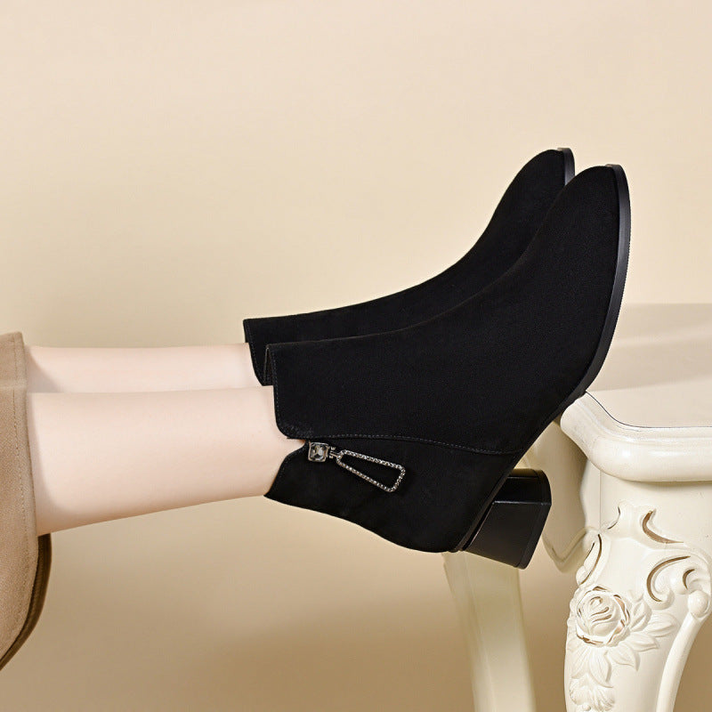 Women's Sheepskin Suede Short Pointed Western Style Skinny Chunky Women's Leather Boots