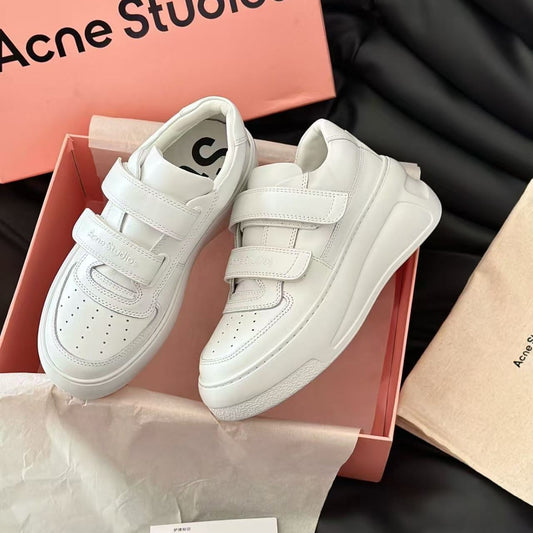 Women's White Thick-soled Smiley Face Velcro Spring Genuine First Layer Women's Casual Shoes