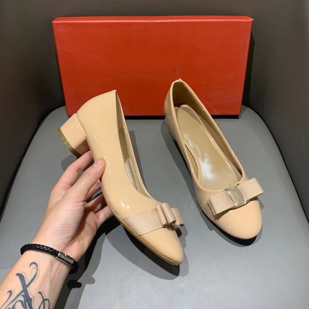 Spring Bowknot Round Toe Wedding Commuter Style Single Patent Women's Casual Shoes