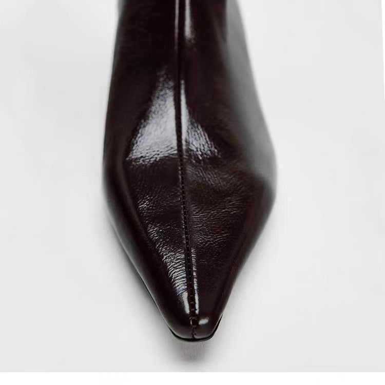British Style Pointed Toe Below The Knee Large Circumference Women's Leather Boots