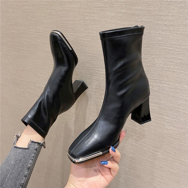 Women's Soft High Square Toe Chunky Fashion Veet Heels
