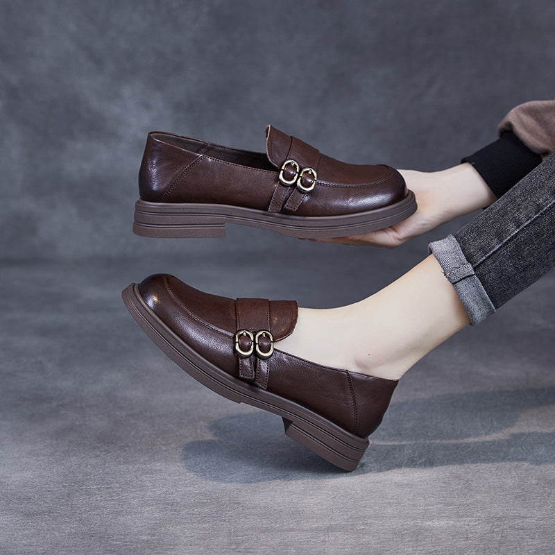 Women's Color First Layer Cowhide Pumps Retro British Style Low Soft Loafers