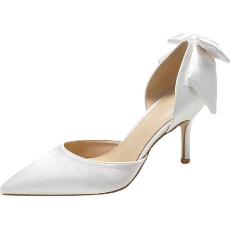 Women's Solid Color Low Cut High French Satin Wedding Pumps Fairy Heels