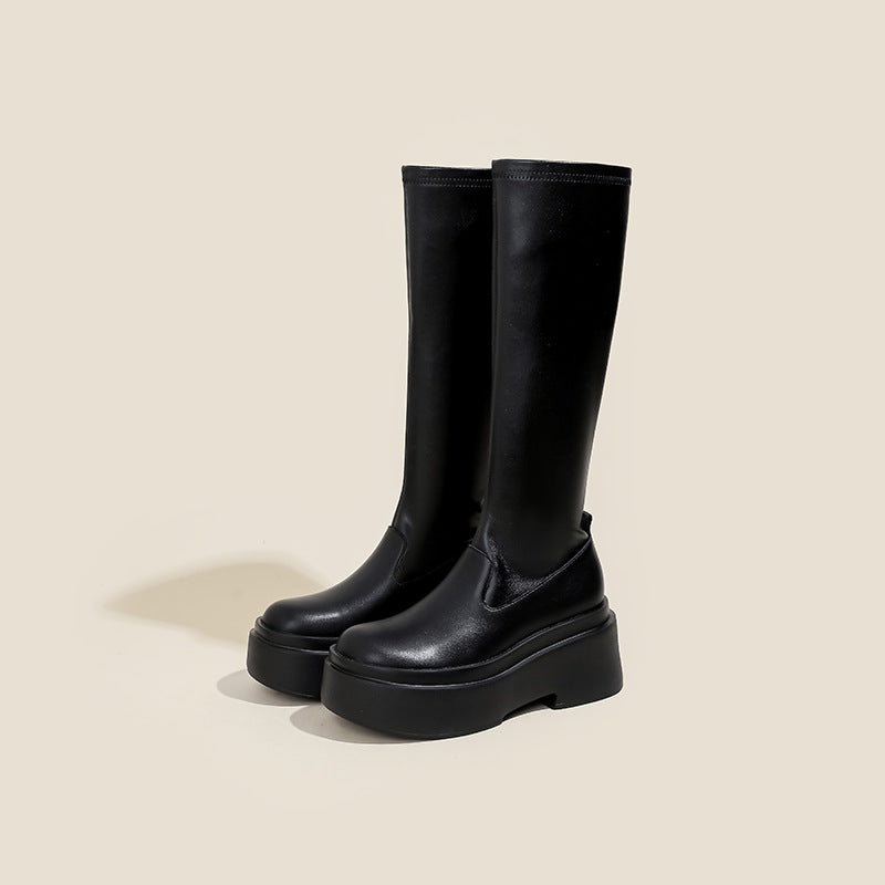 Women's Thick Sole Height Increasing Small Below The Knee Leg Women's Leather Boots