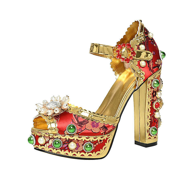 Women's Gold Mirror Rhinestone Flower Show Waterproof Platform High Heeled Sandals