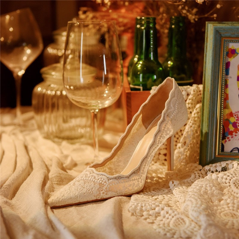 Women's Spring Pointed Stiletto Embroidered Lace Dress Heels