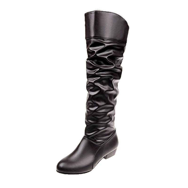 Women's Flat Bottom Mid Round Head Pleated Boots