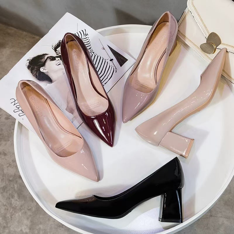 Women's Thick Nude Color Elegant Spring Patent Design Pointed Women's Fashion Shoes