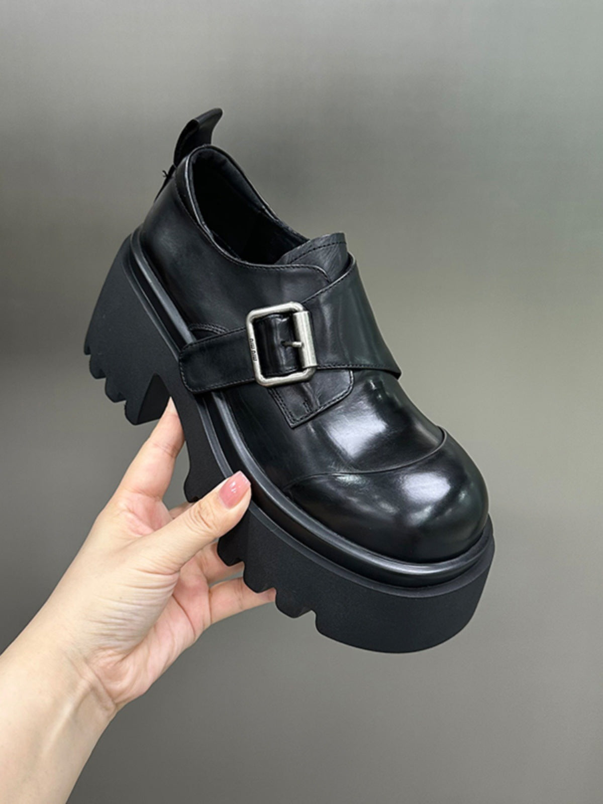 Women's Muffin Platform Black Chunky European Goods Leather Shoes