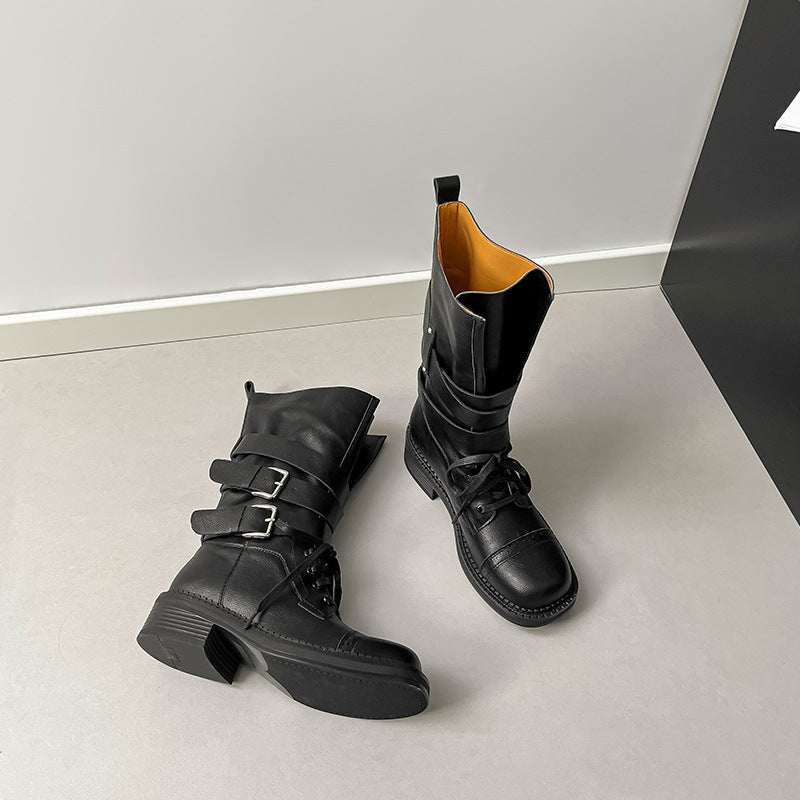 Women's Bottom Increased Knee-high Retro British Style Belt Buckle Boots