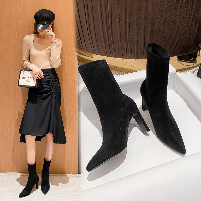 Women's Pointed Ankle Suede Chunky High Fashion Korean Women's Leather Boots