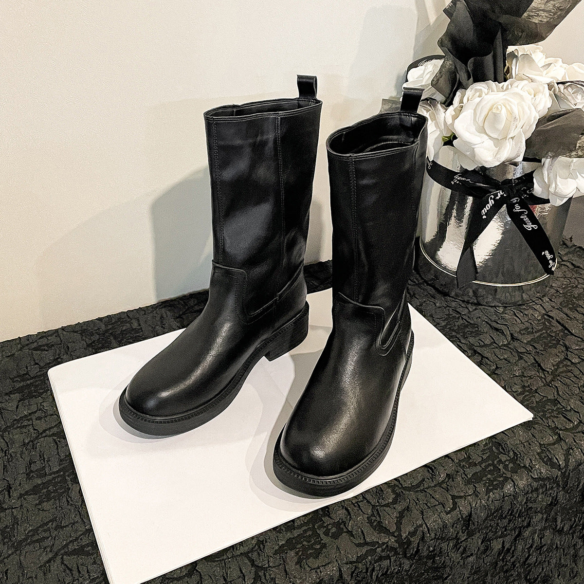 Women's Chunky Platform For Retro Style Pleated Pile Round Toe Wide Women's Leather Boots