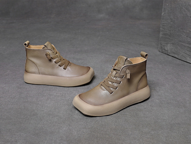 Lychee Pattern Genuine Retro Square Toe Martin Female Boots