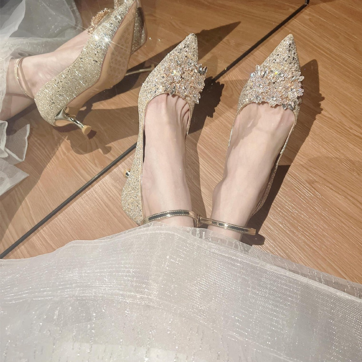Women's Dress Two-way Wear Crystal Bridal Champagne Heels