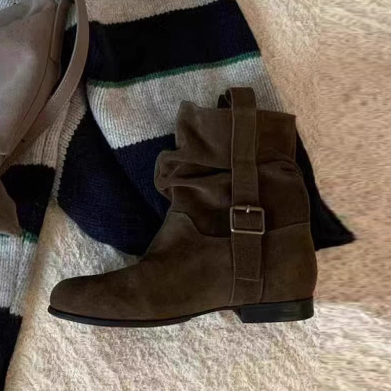 Women's Fashion Retro Round Head Chunky High-grade Ankle Women's Leather Boots