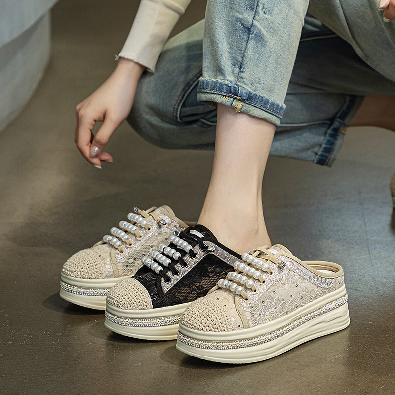 Women's Closed Toe Half Summer Wear Lace Mesh Breathable Thick Slippers