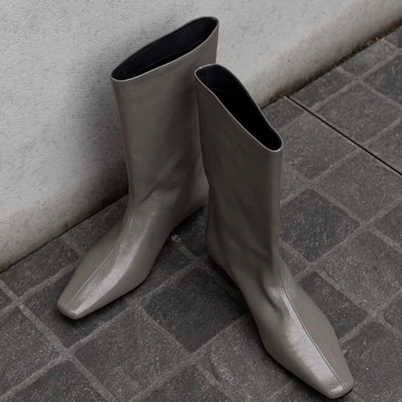 Women's Cowhide Version Minimalist Style Square Toe Wedge Boots