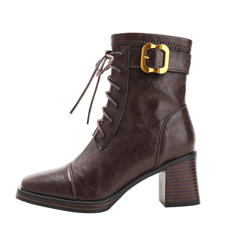 Women's Retro Style Booties High Platform Soft Martin Thick Gold Women's Leather Boots