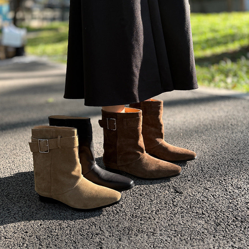 Women's Toe Belt Buckle Short Fashionable Suede Women's Leather Boots