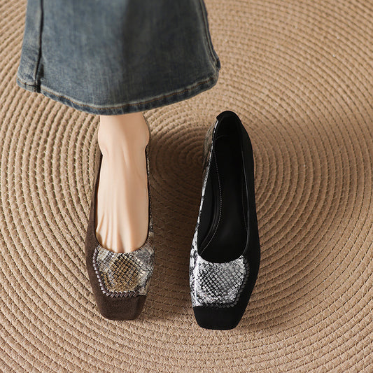 Women's French Entry Lux Snake Pattern Sheepskin Stitching Low Frosted Square Heels