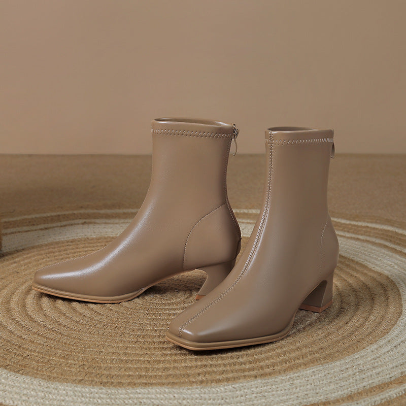 Women's French Style Chunky Short Commuter Back Zipper Boots