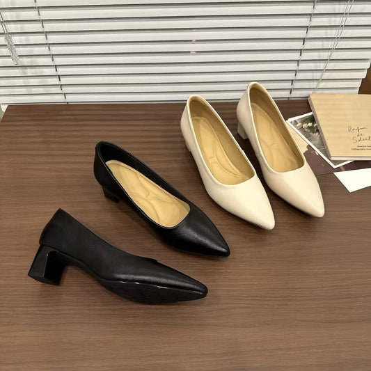Spring Genuine Pointed Toe Chunky Low-cut Simple French Women's Fashion Shoes