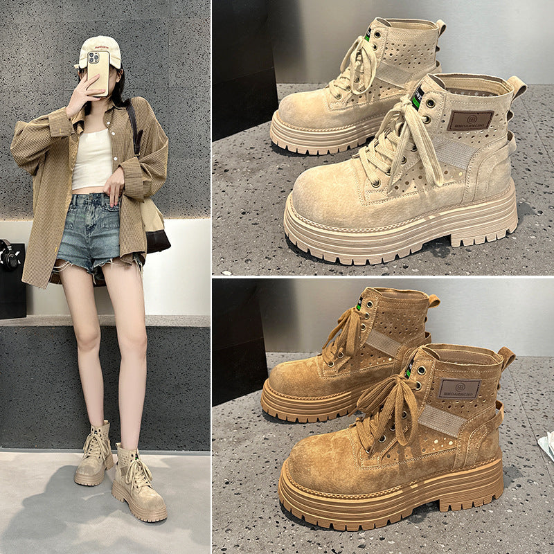 Women's Spring Retro Breathable Summer Thin British Style Ankle Women's Leather Boots