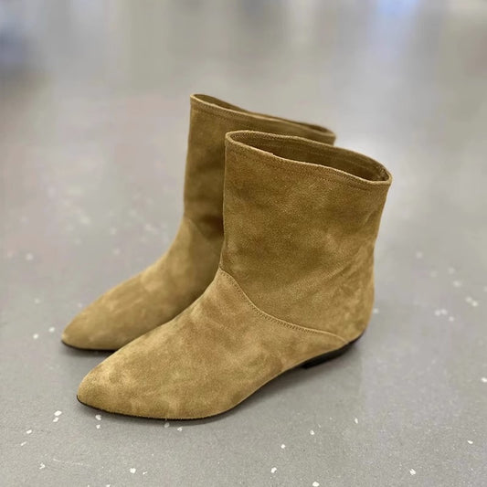 Women's Genuine Retro Oblique Wide Short Flat Pointed Western Cowboy Ankle Women's Leather Boots