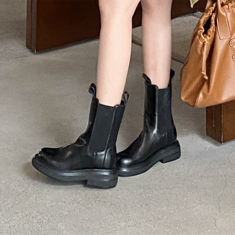 Women's Genuine Elevator Thick-soled British Style Chelsea Pleated Boots