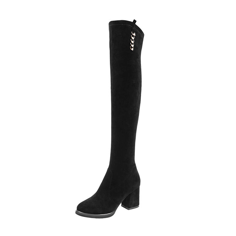 Women's Chunky Stretch High Long Round Head Slimming Over The Knee Heels