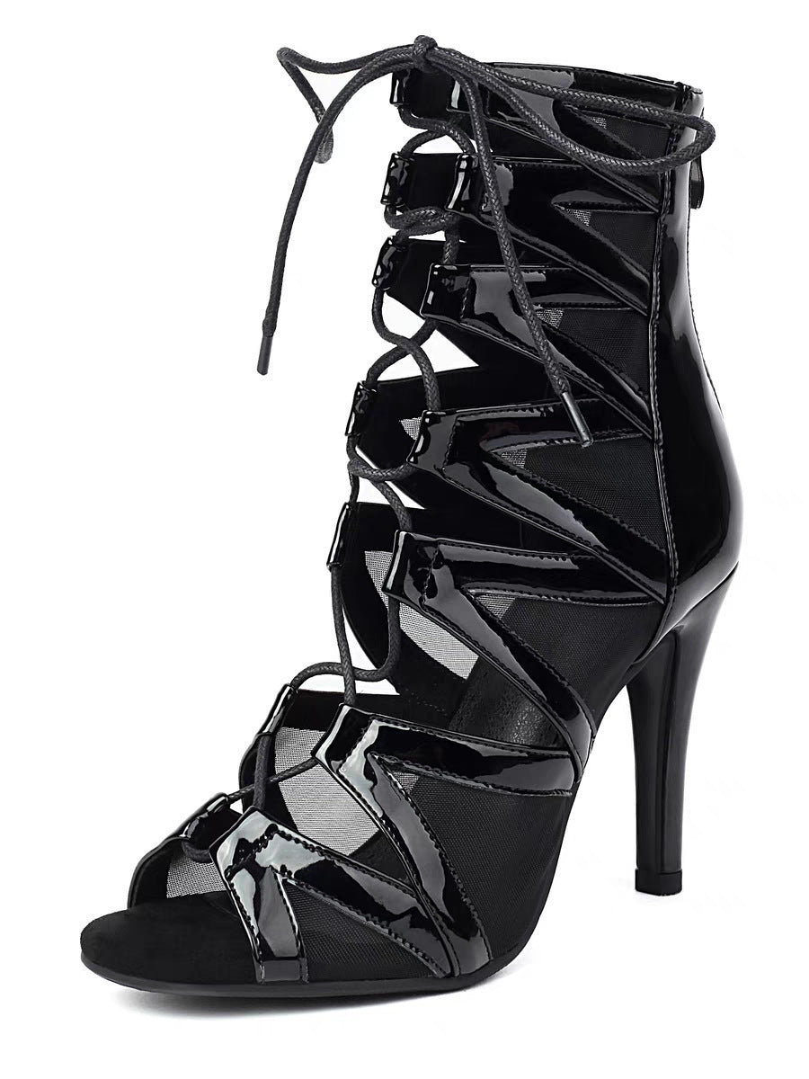 Jazz Dance Belt Buckle Hollow Mesh Fish Mouth Booties Sexy High Heeled Sandals