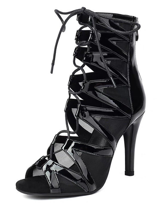 Jazz Dance Belt Buckle Hollow Mesh Fish Mouth Booties Sexy High Heeled Sandals