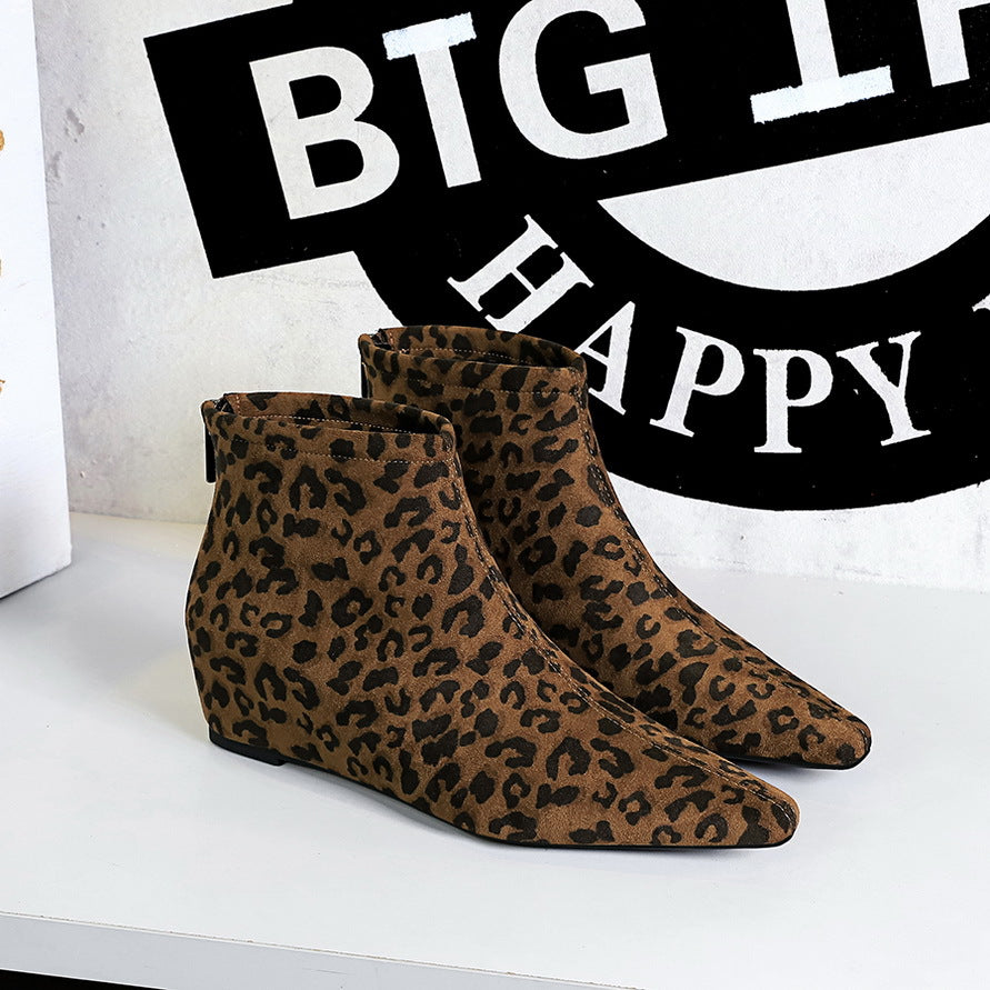 Sexy Ankle Height Increasing Insole Wedge Mid Back Zipper Leopard Heels