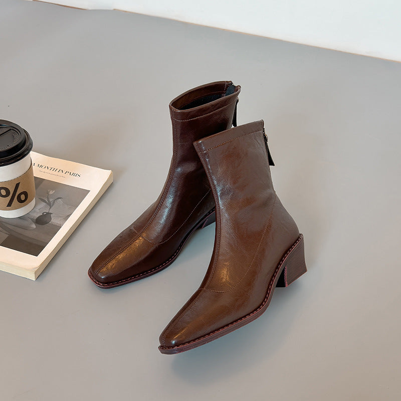 Women's Chunky Square Toe Booties Back Zipper Women's Leather Boots