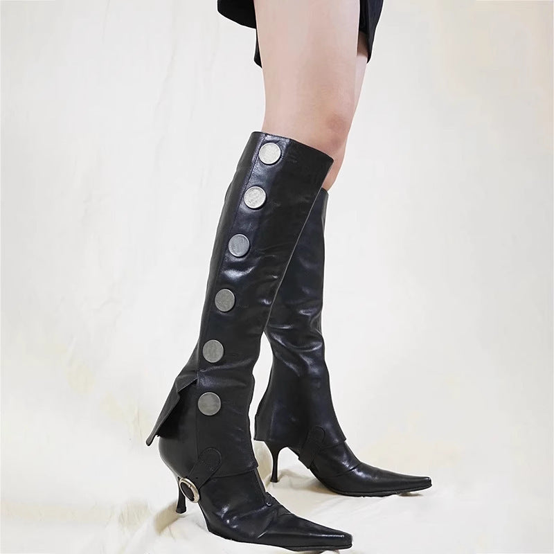 Detachable Two-way Retro Coin Long Female Below The Knee Pointed Women's Leather Boots