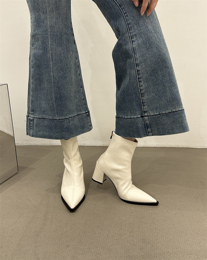 Women's Pointed High Korean Style Small Ankle Brown With Skirt Women's Leather Boots