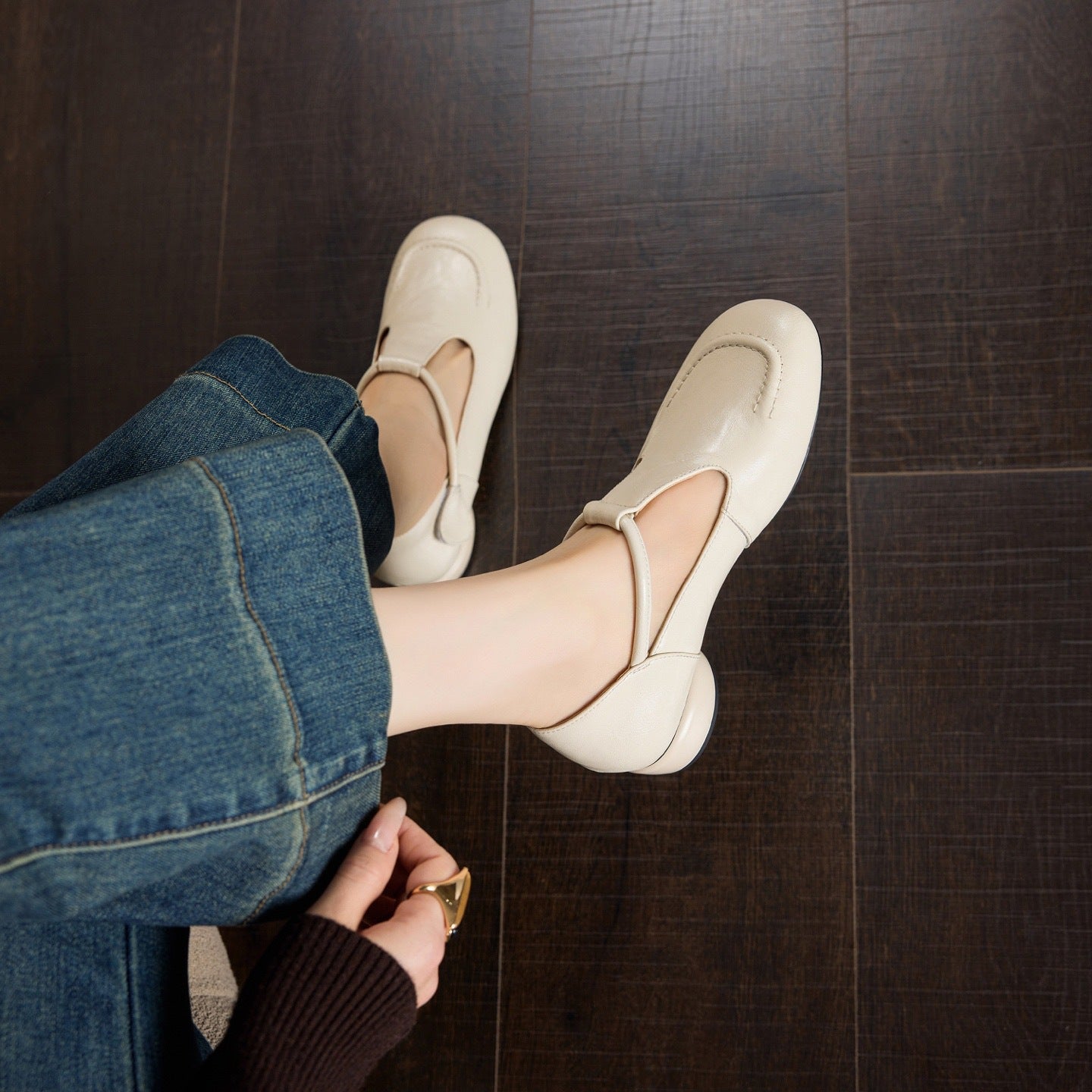 Women's Soft Cowhide Mary Jane Mid Chunky Low-cut Round Head Not Women's Fashion Shoes